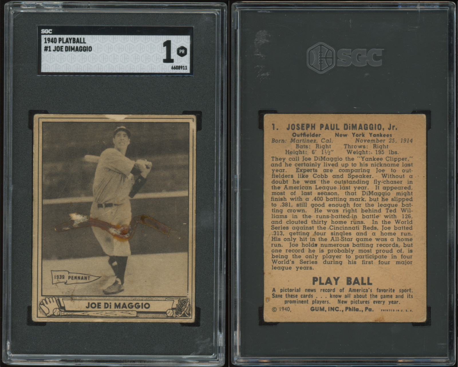 1940 Play Ball #1 Joe DiMaggio SGC 1 New York Yankees Great MLB HOF Joltin' Joe!