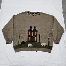 Size XL Vintage Lee Embroidered Sheep Cardigan Sweater Cottage Grandma Brown 90s