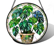 Stained Glass Window Hanging, Green Plant Monstera t 7.8x7.8 IN White Green