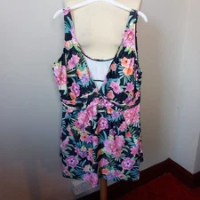 Women's Yours Swimsuit Tankini Top Black Pink floral UK Size 26