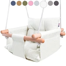 - Canvas Baby Swing, Wooden Hanging Swing Seat Chair with Safety Belt, Durabl...