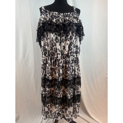 Chic Leopard Print Cold Shoulder Dress Black Lace Trim Elastic Waist Size 22