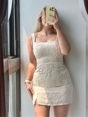 Francesca s Cream  Floral Jacquard Square-Neck Mini Dress