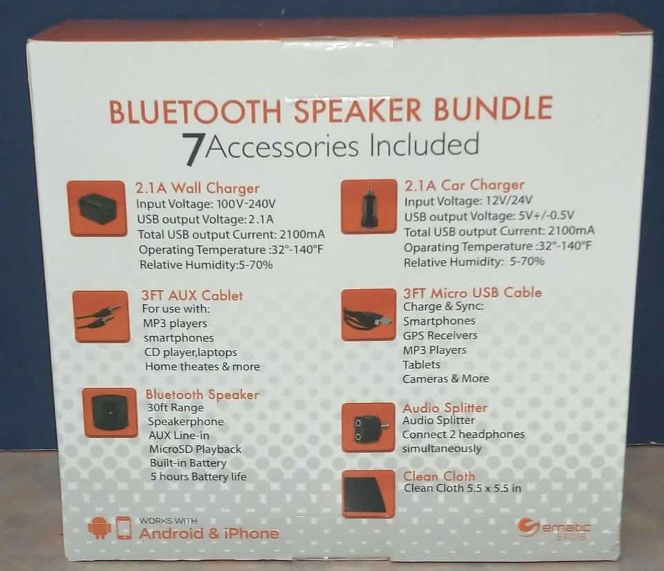 Pacote de alto-falante Bluetooth Ematic 7 acessórios incluídos EP218 novo em folha lacrado - Imagem 2 de 4