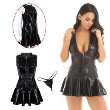 Women's Sleeveless Bodycon Pleated Dress Sexy PU Leather Dresses Shiny Clubwear