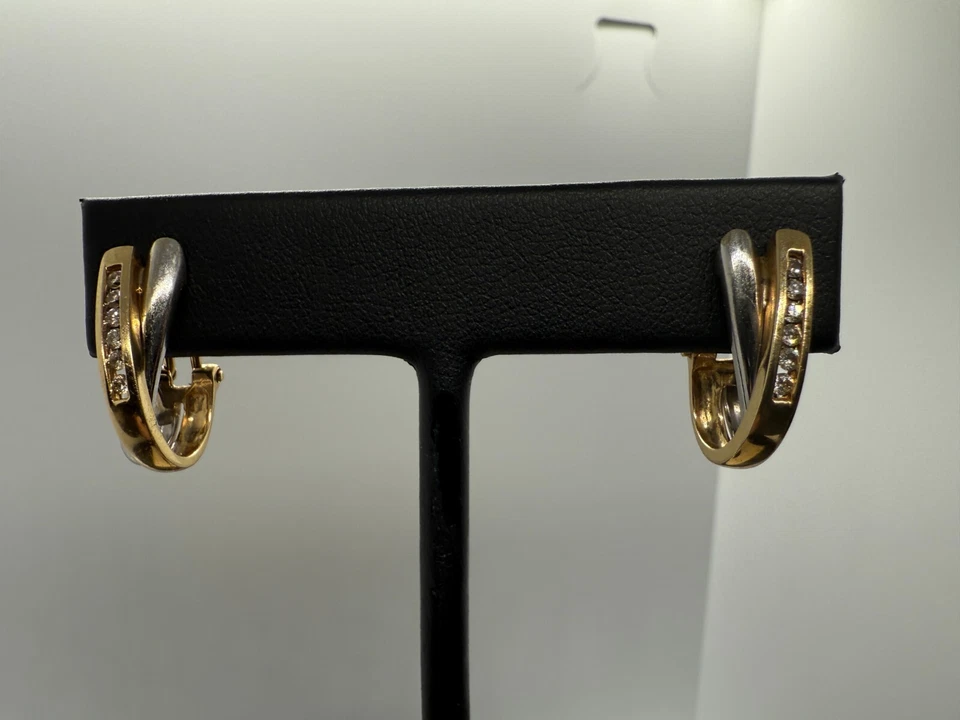 Womens Two Tone 14K Gold & Channel Set .20 Diamond Accent Earrings Omega Backs - Image 3 of 4