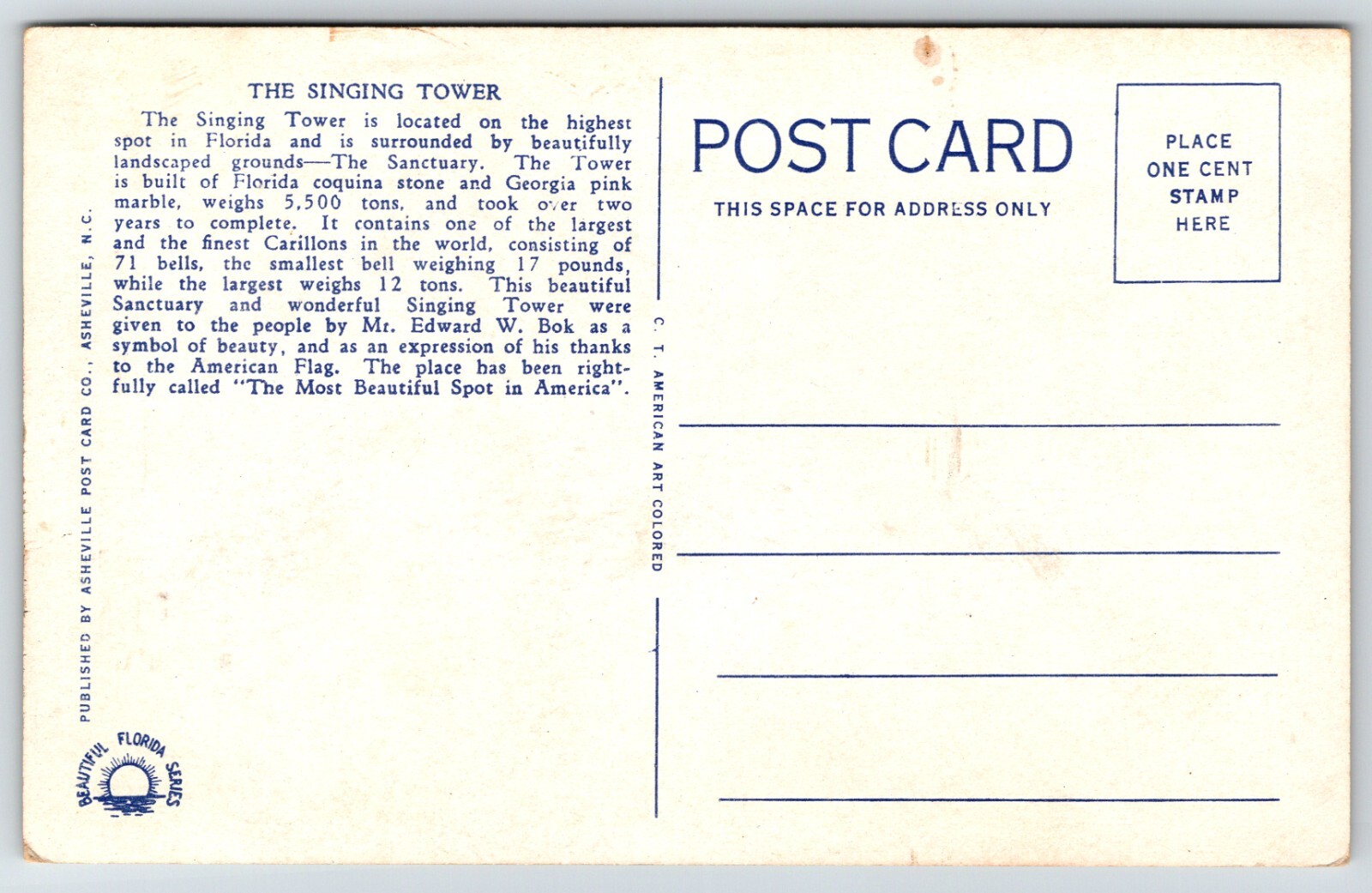 The Singing Tower Mountain Lake Sanctuary Lake Wales Florida CURT TEICH