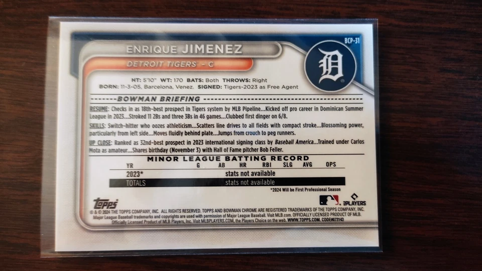 2024 Bowman Enrique Jimenez Chrome 1st #BCP-31 Purple Refractor #/199 Tigers - Image 2 of 2