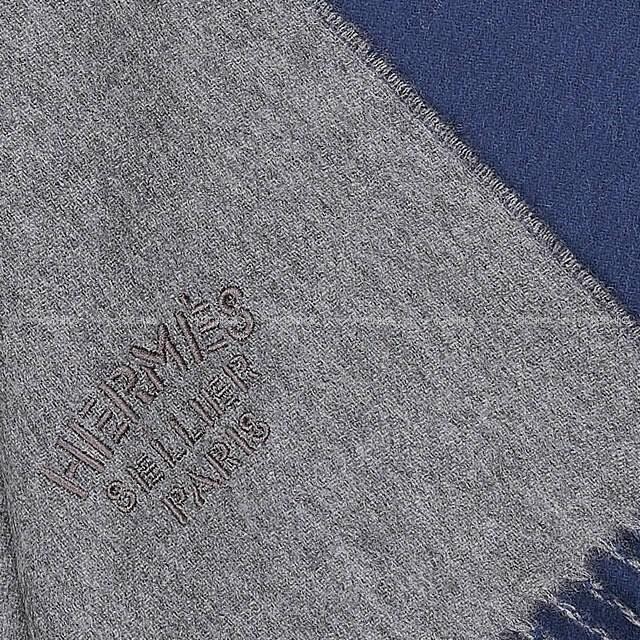 HERMES Double Face 100percent Cashmere wide big scarf stole grey blue jean 175x70cm image 7