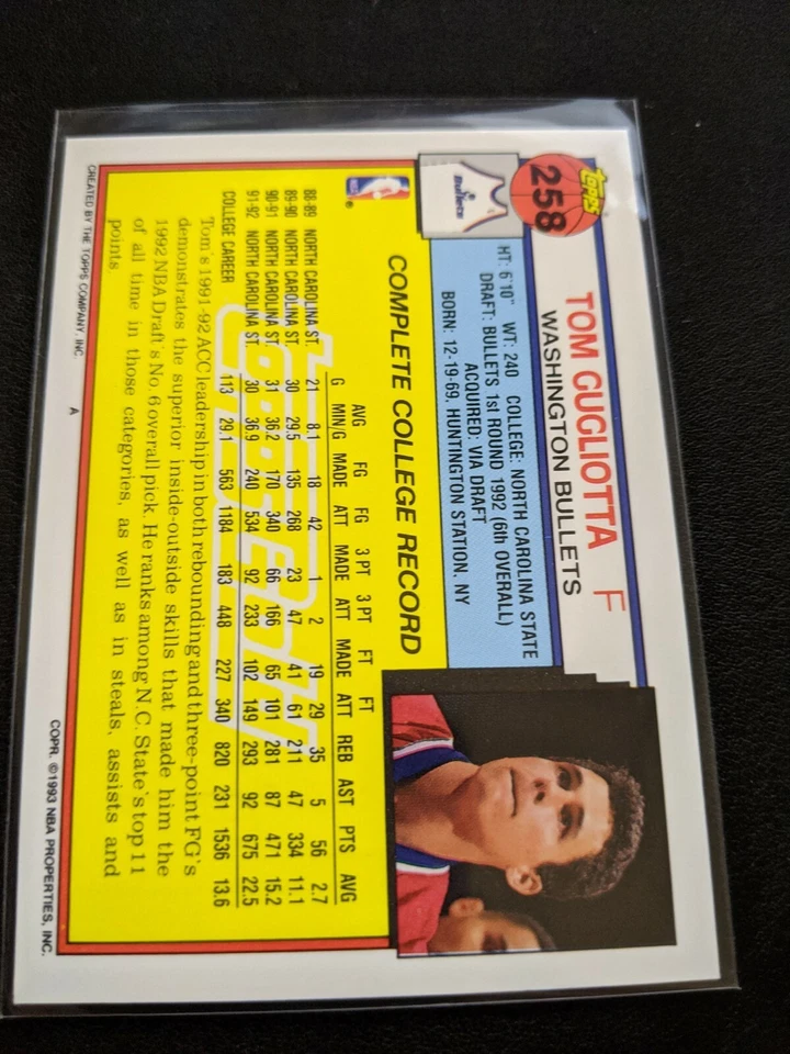Paquete de baloncesto Topps Gold 1992-93 nuevo novato radiocontrol #358 Tom Gugliotta Foto 2 de 2