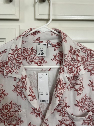 X-girl Floral Tattoo Print Women’s Sz. L  Top White Red Flower Long Sleeve - Picture 5 of 15