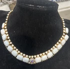 Vintage Milk Glass Necklace White Choker White Rhinestone 15.5” Gold Tone Metal