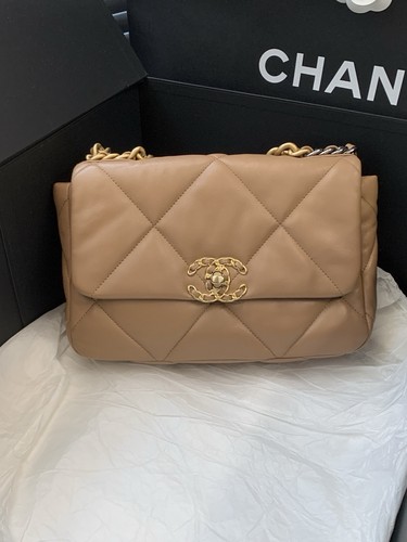 Chanel 23B small 19 bag Handbag lambskin Leather Gold Hardware Dark Beige 
