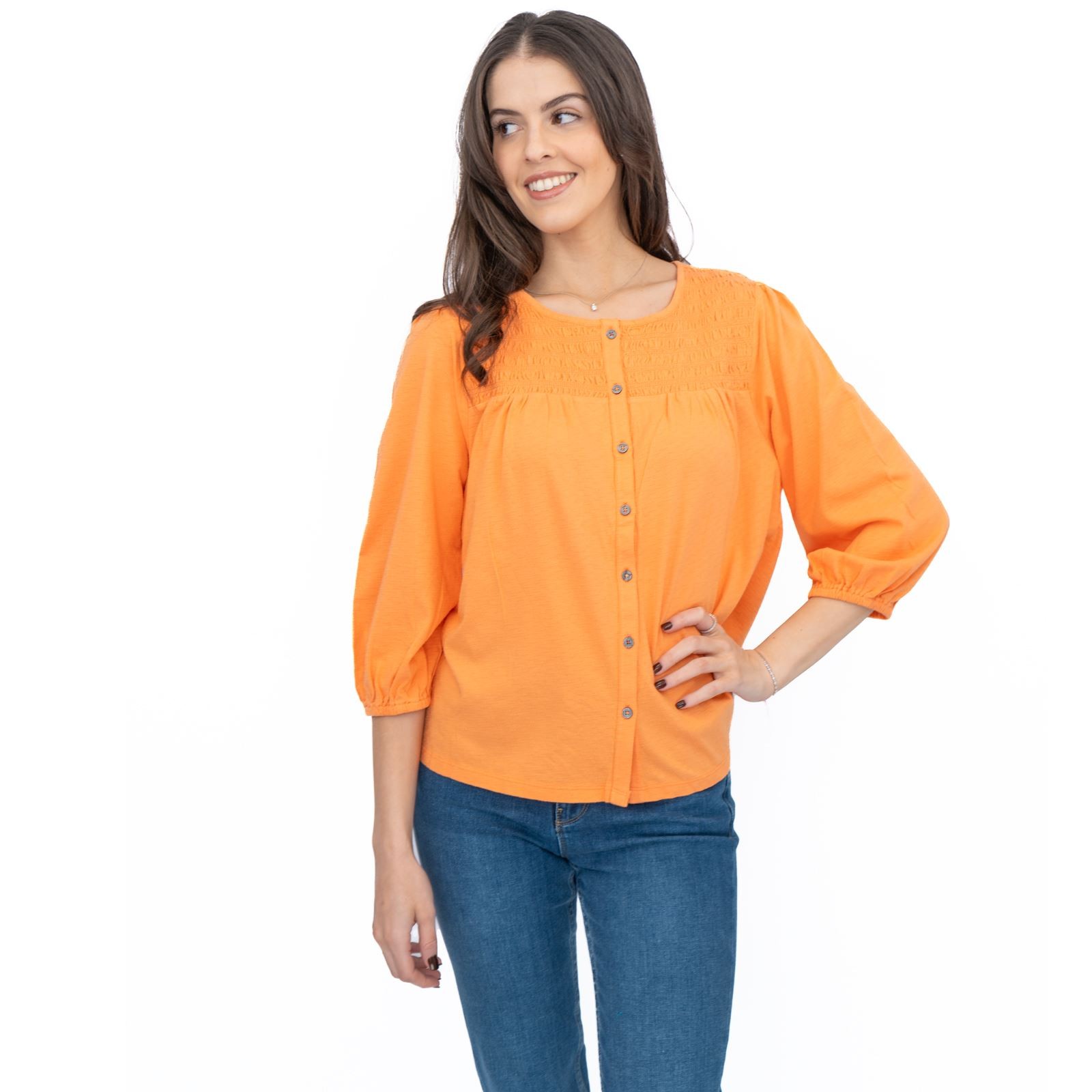 Womens White Stuff Orange Top Daniella Shirred Top Cotton Blend 3/4 Sleeve