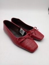 M&S Women's Shoes Red Snakeskin Leather Square Toe Slip On Ballet Flats  New