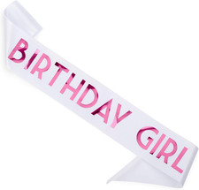 'Birthday Girl' Sash with Pink Foil - Soft Satin White Sash for Women - Happy Bi