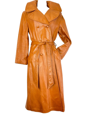 【70s】Euro Vintage All Leather TrenchCoat Vintage 1970s brown leather trench coat M caramel light orange