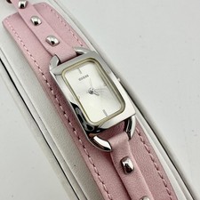 Guess Watch Womens Pink Leather Cuff Silver Tone Case - New Battery