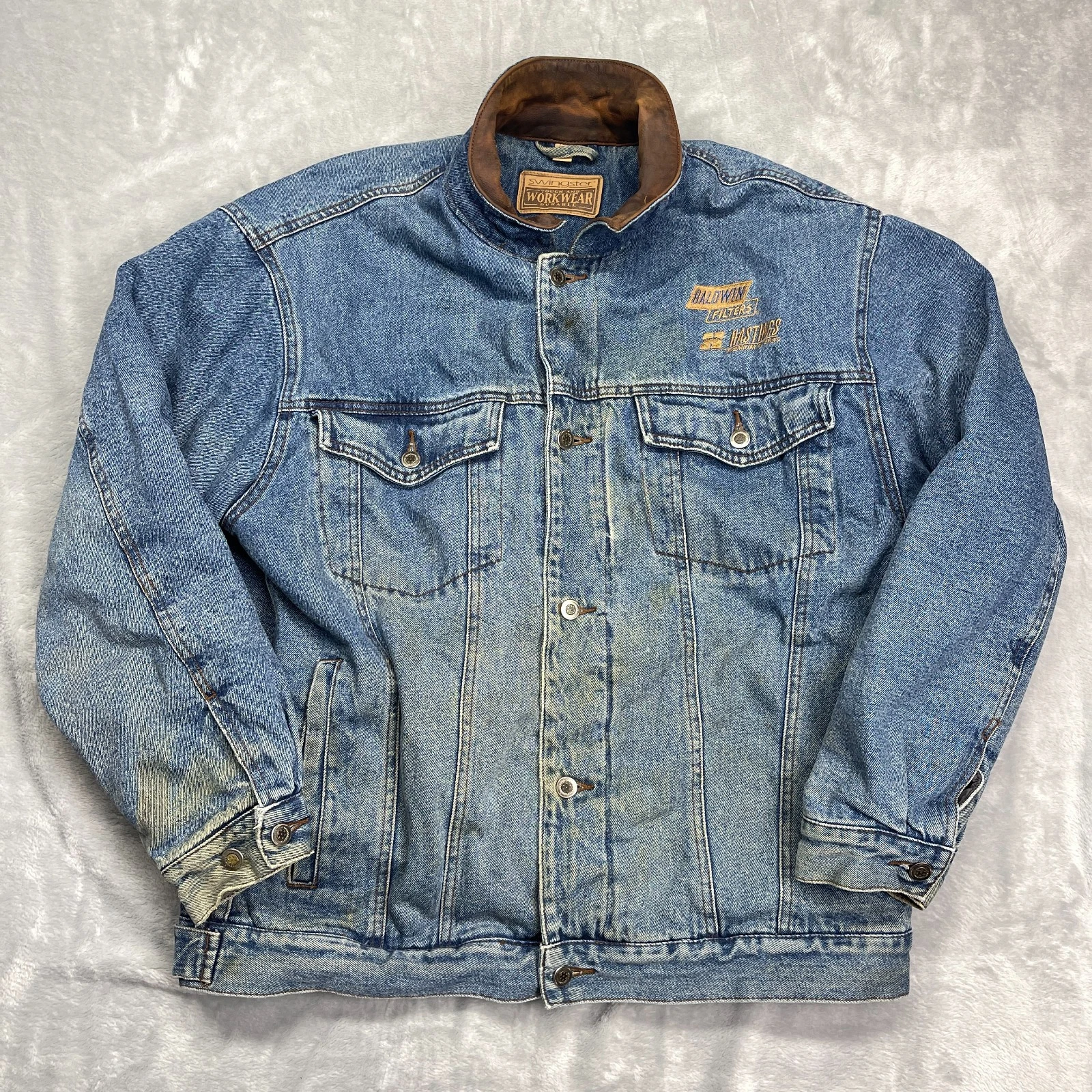 Swingster Durable Workwear Jacket Mens XL Blue Denim Long Sleeve Button Front
