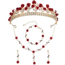 4 Pcs Valentine's Day Rose Jewelry Set Women Bridal Tiara Red and Gold