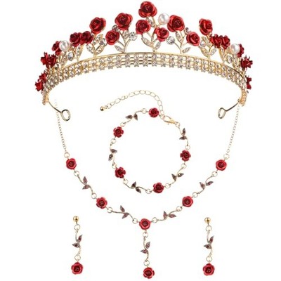  4 Pcs Valentine's Day Rose Jewelry Set Women Bridal Tiara Red and Gold