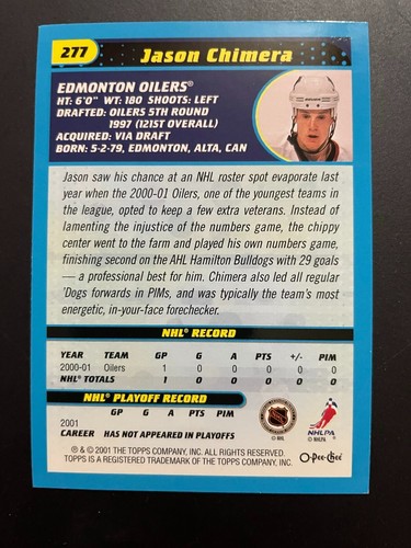 Jason CHIMERA RC 2001-02 OPC O-Pee-Chee NHL Prospects #277 Edmonton Oilers - Picture 2 of 2