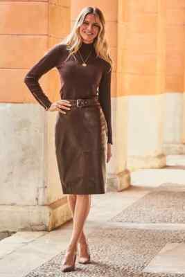 Handmade Leather Brown Skirt Genuine Belt Women's Lambskin Designer Office Wear
