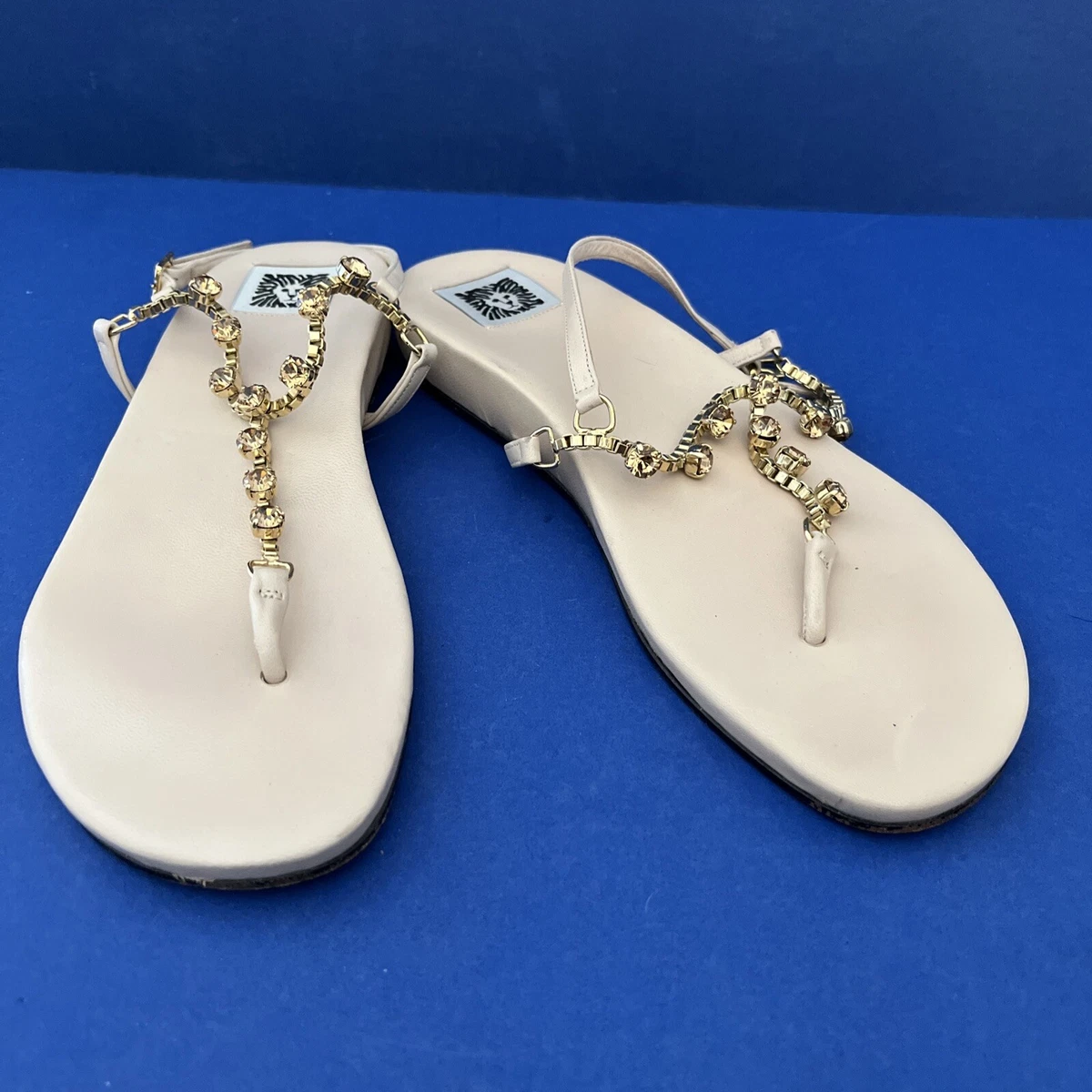 Anne Klein Beige 7 Sandal Rhinestones Flat Heel Made in Italy
