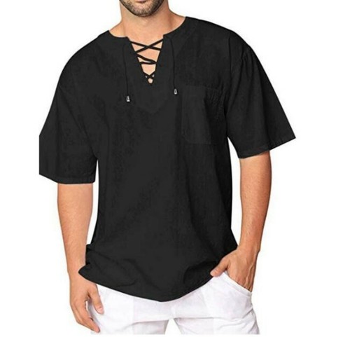 Para hombres Algodón Lino Camisetas Camisa Cuello en V Prendas para el torso Vestido Suelto Manga Corta Informal Nuevo B - Imagen 4 de 16