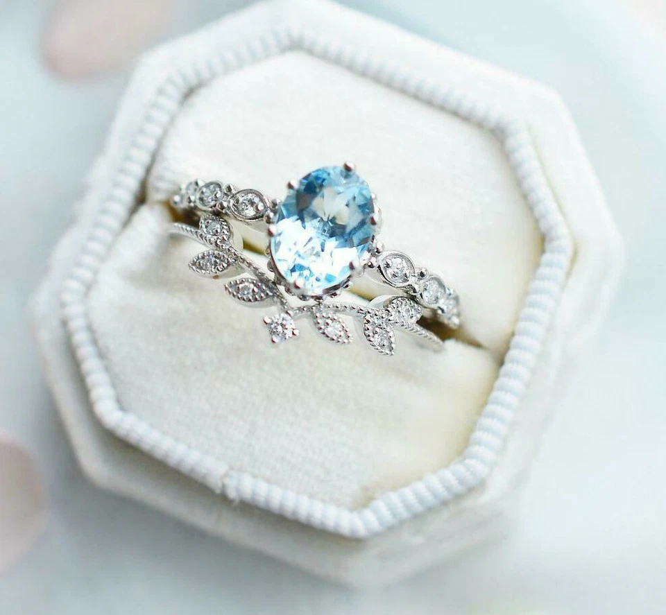 Conjunto de anel de casamento de noivado prata esterlina 925 corte oval água-marinha 1,35 ct CZ - Imagem 2 de 2