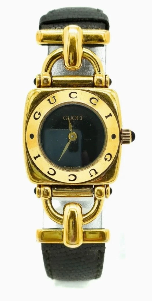 Montre authentique.GUCCI Horsebit 6300L 21 mm quartz cadran noir ceinture cuir d'occasion