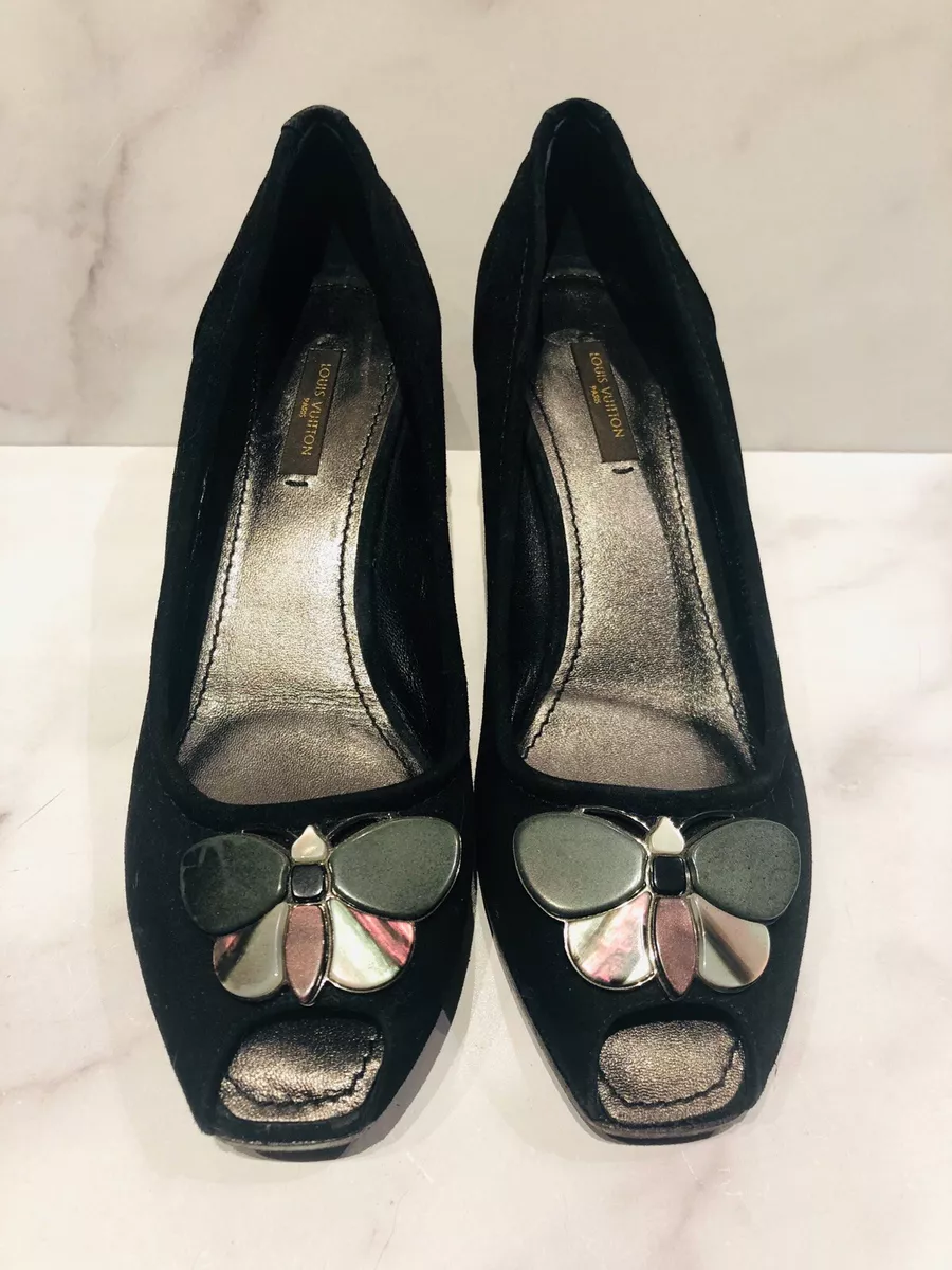 Louis Vuitton LV Black Suede Butterfly Embellished Wedge Heels