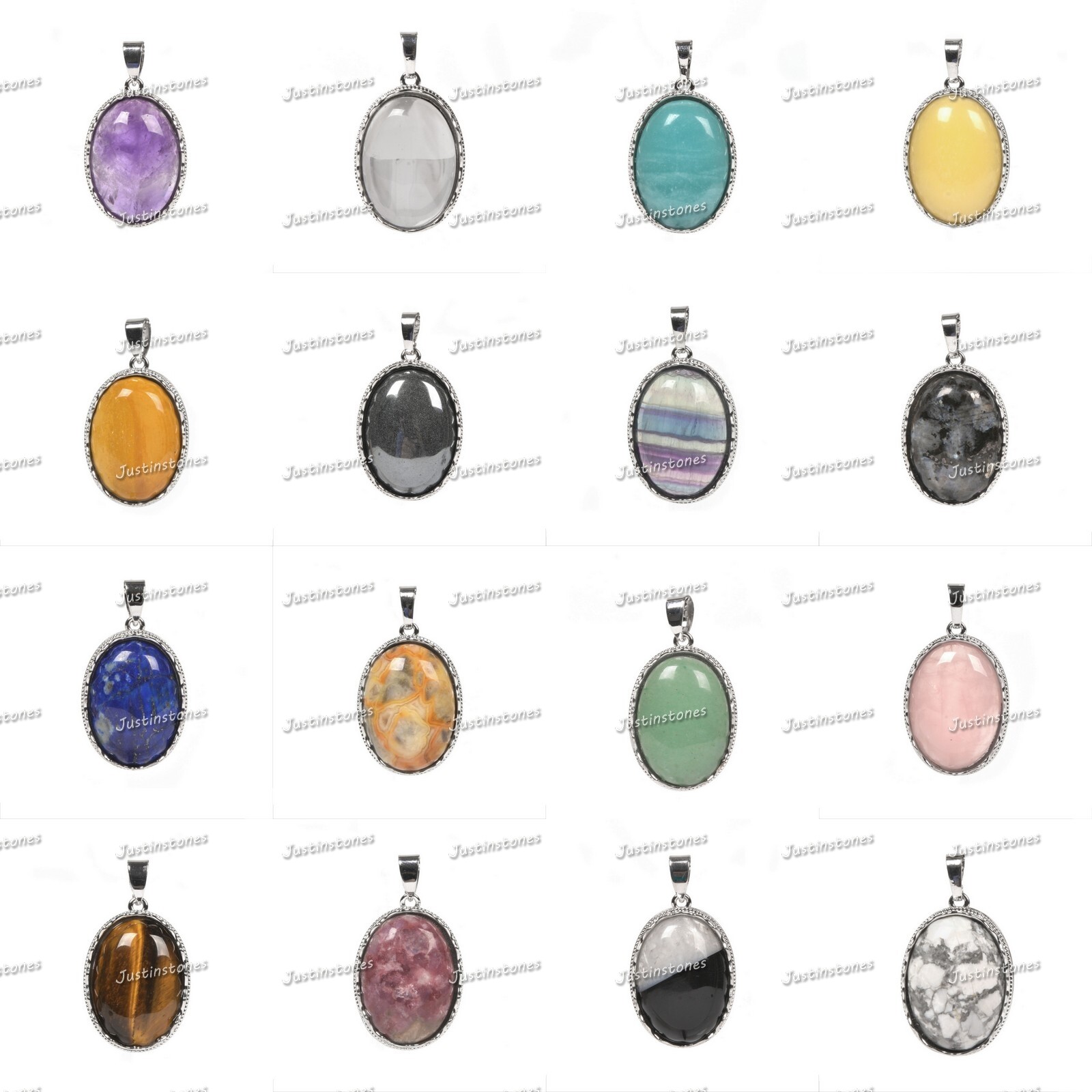 25mm x 18mm Oval Gemstone Intarsia Cabochon Pendant with 20 Inch Box Chain Necklace