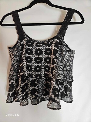 True Destiny Women's Black Tank Top Ruffels Black White  Small Crop Blouse