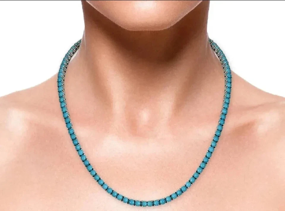 Collar de tenis turquesa de 4mm de la Bella Durmiente 36 Ct Redondo Creado en Laboratorio 925 Plata Foto 2 de 4