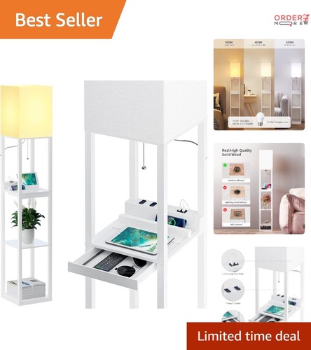 Dimmable Floor Lamp Solid Wood 63" Tall 2 USB Ports 2 Outlet For Living Room