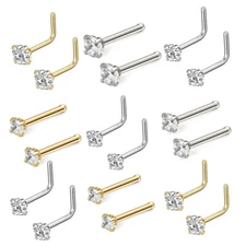 Pair 1.5-3mm Stainless Gold Tone Clear CZ 18G 20G L Shaped Bone Nose Rings Stud