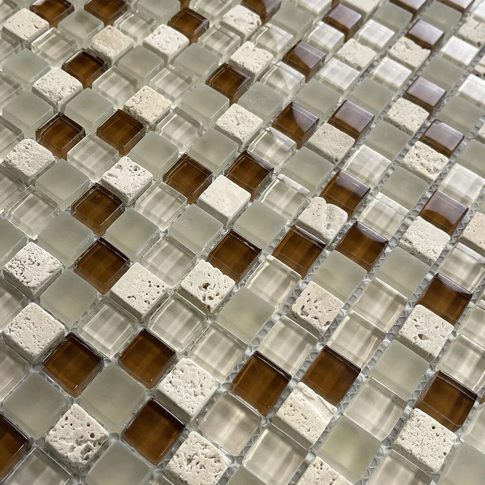 Mosaico de vidro A22003 azulejo branco marrom vidro bege travertino 5/8" backsplashes - Imagem 4 de 4