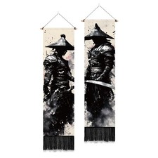 PLIGREAT 2 Pack Ink Style Tapestry Japanese Samurai Vertical Wall Hanging wit...