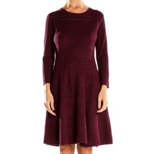 Eliza J Crew Neck Fit Flare Stretch Sweater Knit Dress Sz Lg Zip Back Burgundy