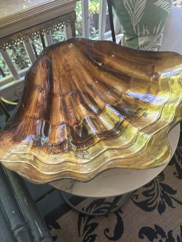 Gorgeous Vintage Gold Foiled Glass Decorative Halfshell Clam Decorative Bowl