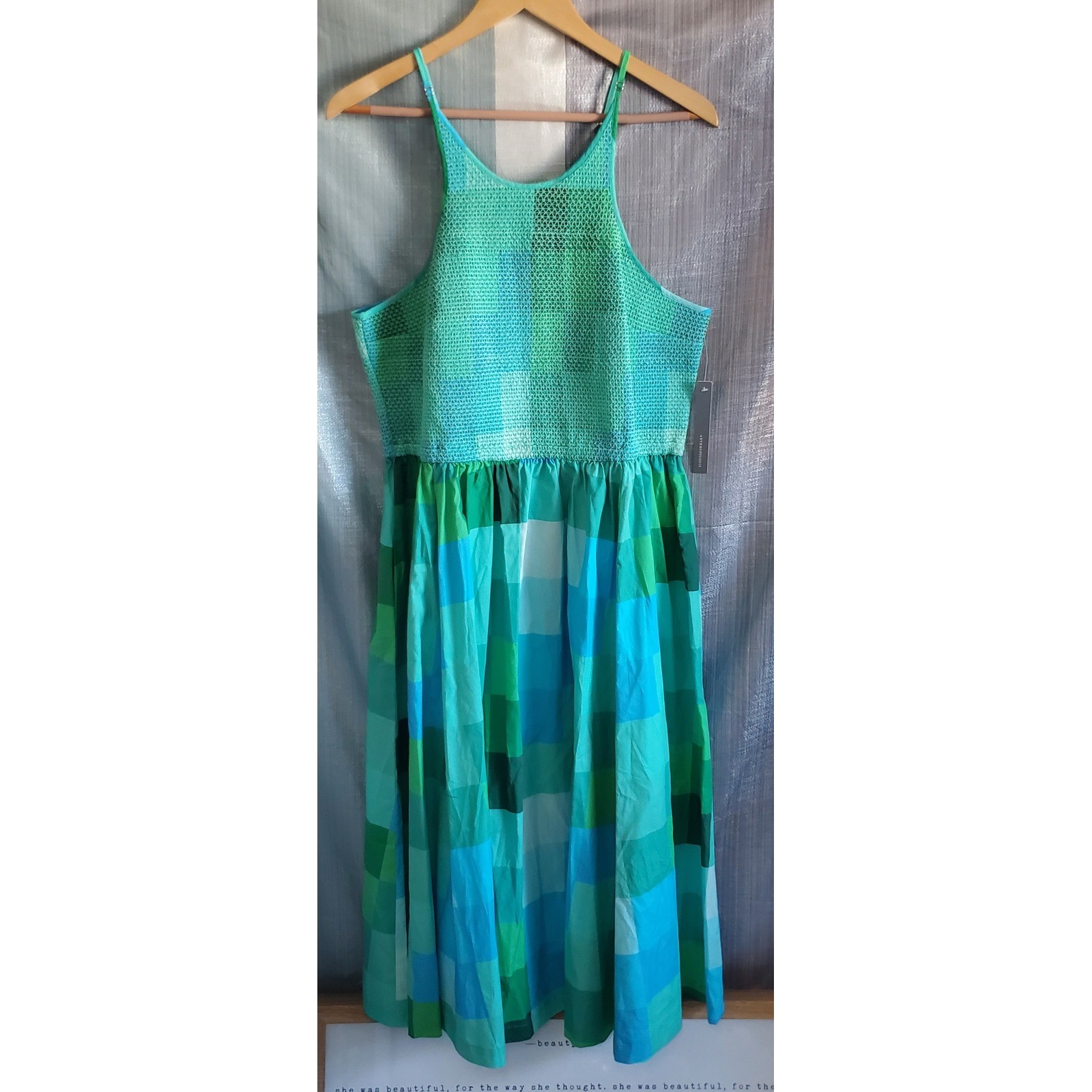 Plenty Tracy Reese Anthropologie Blue Green Checkered Smocked Dress XL NWT