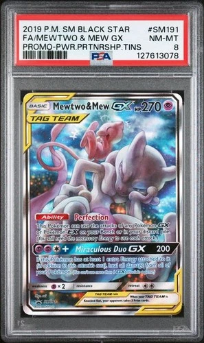 PSA 8 NM-MT Mewtwo & Mew GX Black Star Promo Full Art Holo 2019 Pokemon SM191
