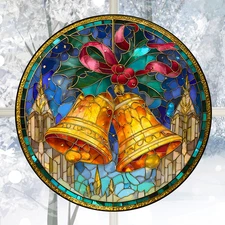Christmas Church Bells Faux Stained Glass WINDOW CLING Size 8" Round Vinyl
