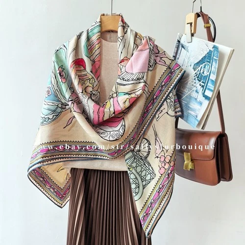 Sallys 70% Cashmere & 30% Silk Wrap Scarf Cakes Print 2 Face Shawl 53" Hot Pink
