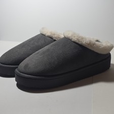Gray Faux Suede Mule Slippers for Women with Faux Fur Lining and Fur Trim