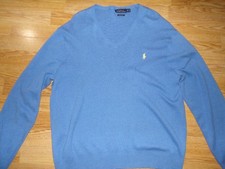 POLO RALPH LAUREN Blue Long Sleeve Pima Cotton V-Neck Sweater - Size XL