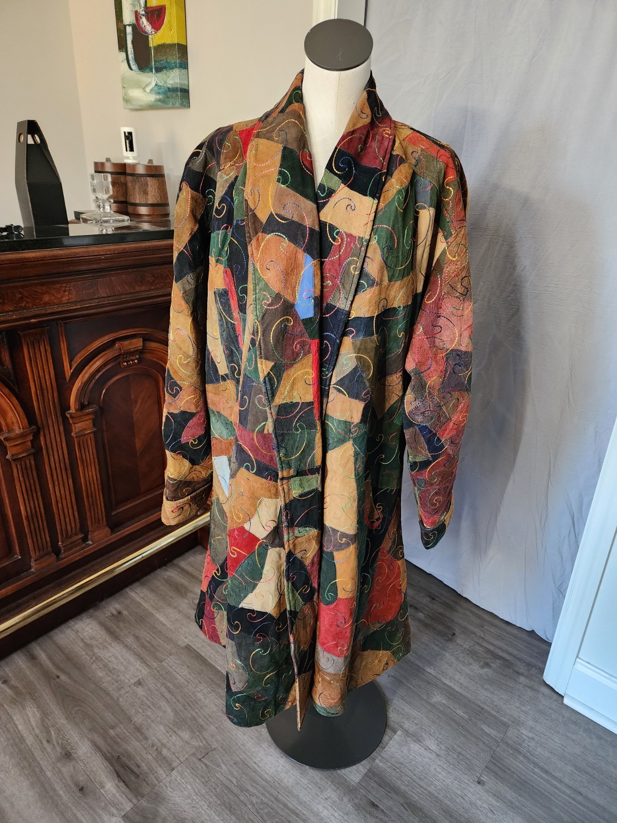 Boho Patchwork Suede Leather Duster Coat Multicol… - image 3