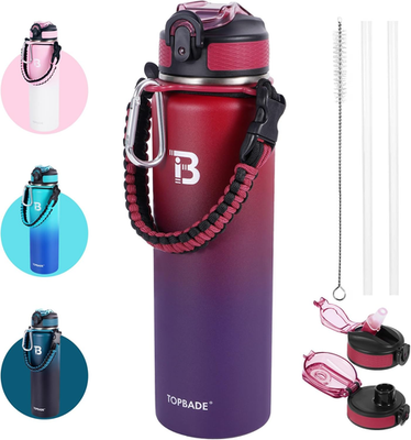 32oz Insulated Water Bottle with Straw Lid & Spout Lid & Paracord