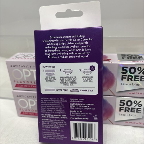 OPTIMAX DENTIFRICIO (2 X CARAMELLE DI COTONE) + STRISCE SBIANCANTI VIOLA (3 TRATTAMENTI) B86 - Foto 3 di 15